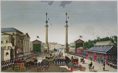Presentación de las llaves de París al Rey Luis XVIII en la Barrière Saint-Denis el 3 de mayo de 1814, c.1815-20
